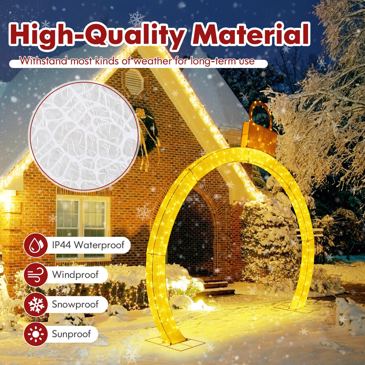 Arco de Navidad preiluminado de 3.20 metros con remate de adorno dorado y 300 luces LED blancas cálidas