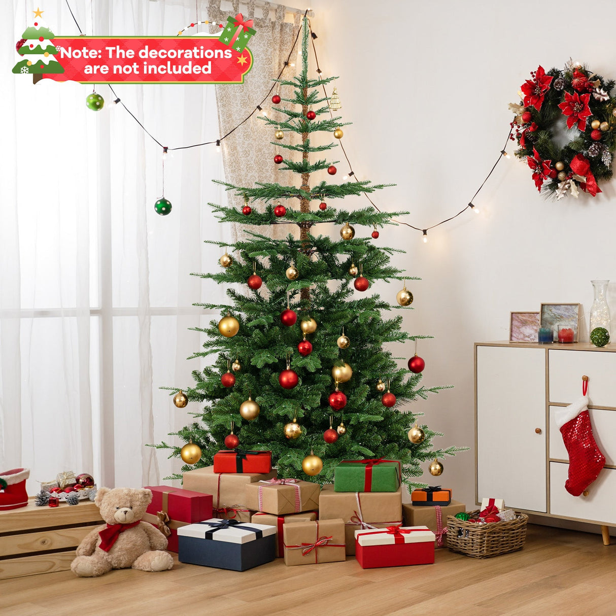 Árbol de Navidad artificial de 7 pies con bisagras, preiluminado y con 1303 puntas de ramas