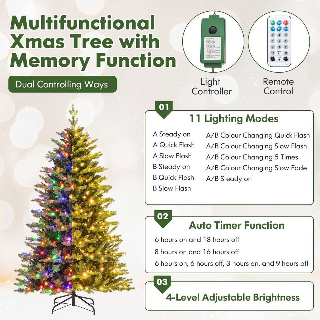 Árbol de Navidad Artificial de 1.5 m con Bisagras, 11 Modos de Iluminación y Control Remoto
