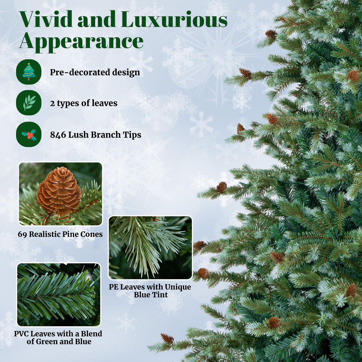 Árbol de Navidad de 1,8/2,1/2,4 metros con luces LED blancas cálidas y piñas