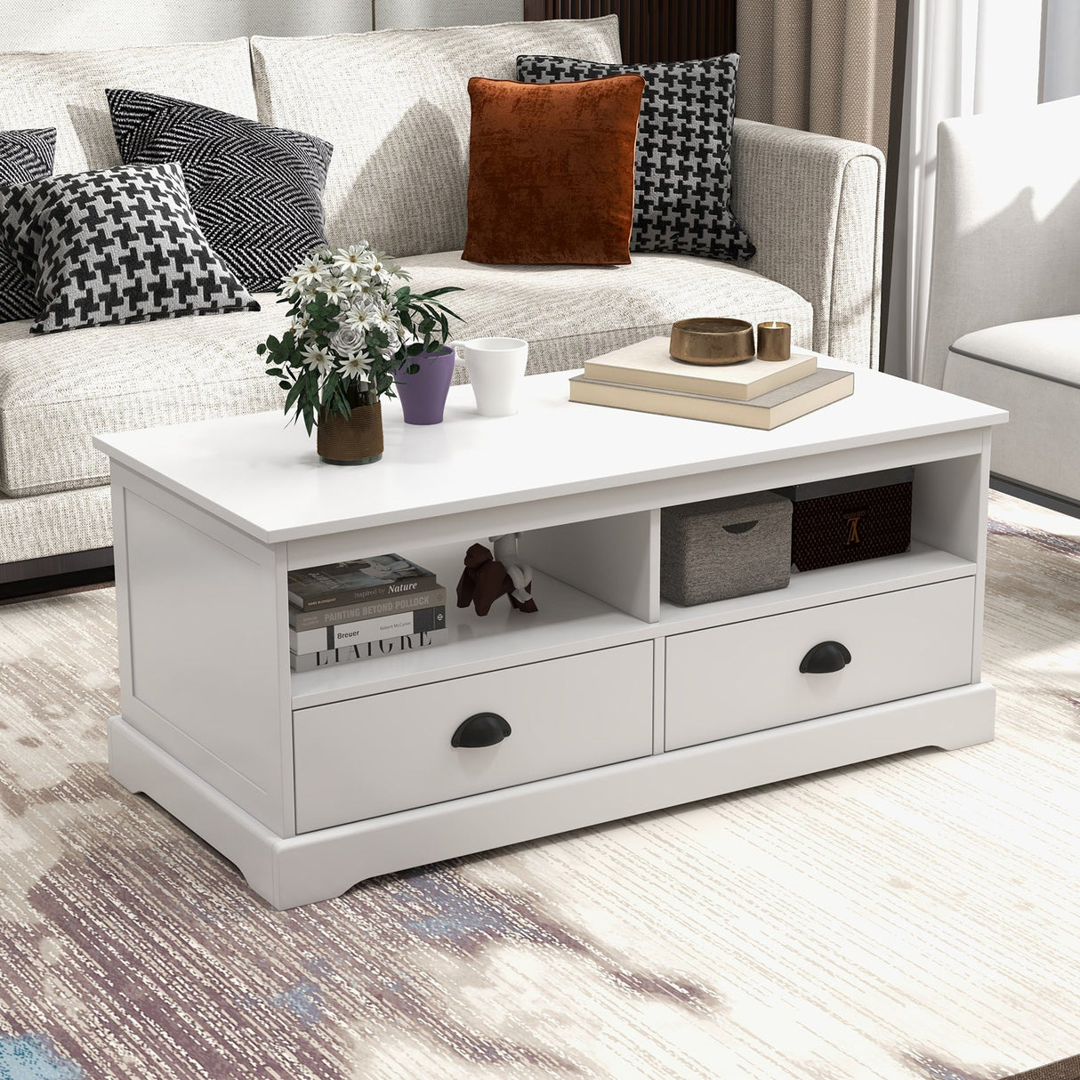 Mesa de centro moderna con cajones y cubículos abiertos - Blanca