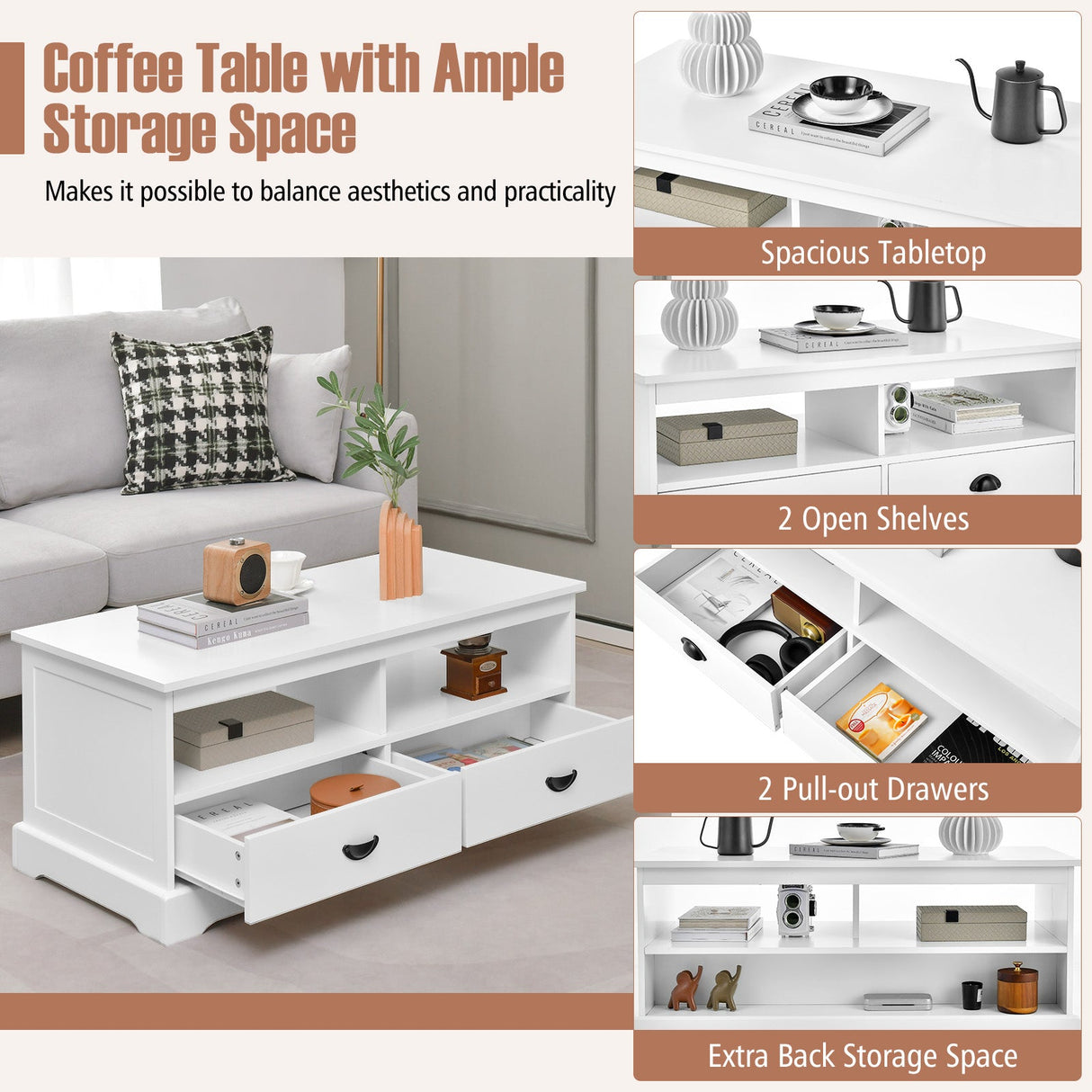 Mesa de centro moderna con cajones y cubículos abiertos - Blanca