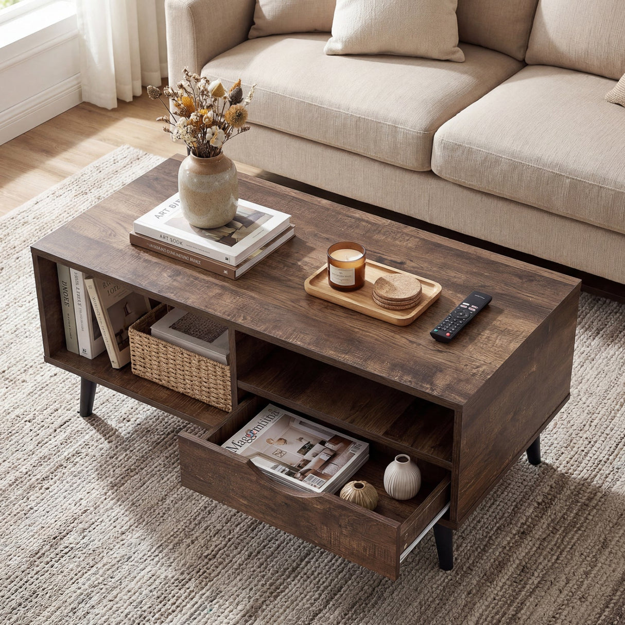 Mesa de centro rústica rectangular con almacenaje