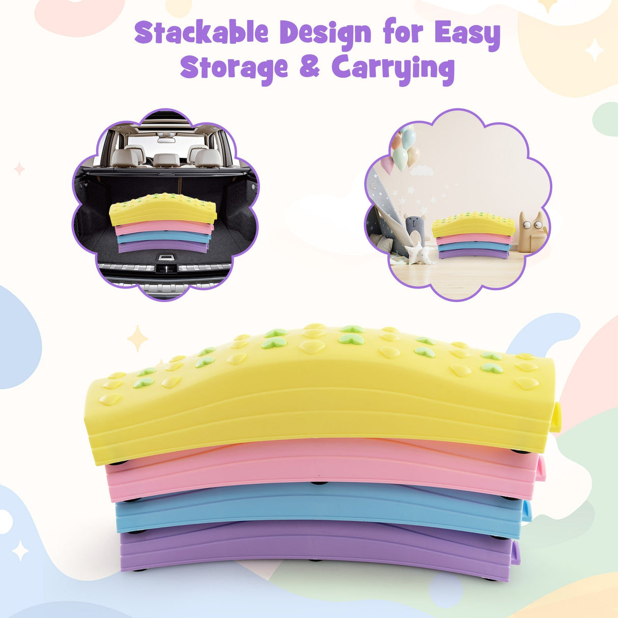 Viga de equilibrio ondulada colorida para niños con superficie texturizada y almohadillas antideslizantes para los pies