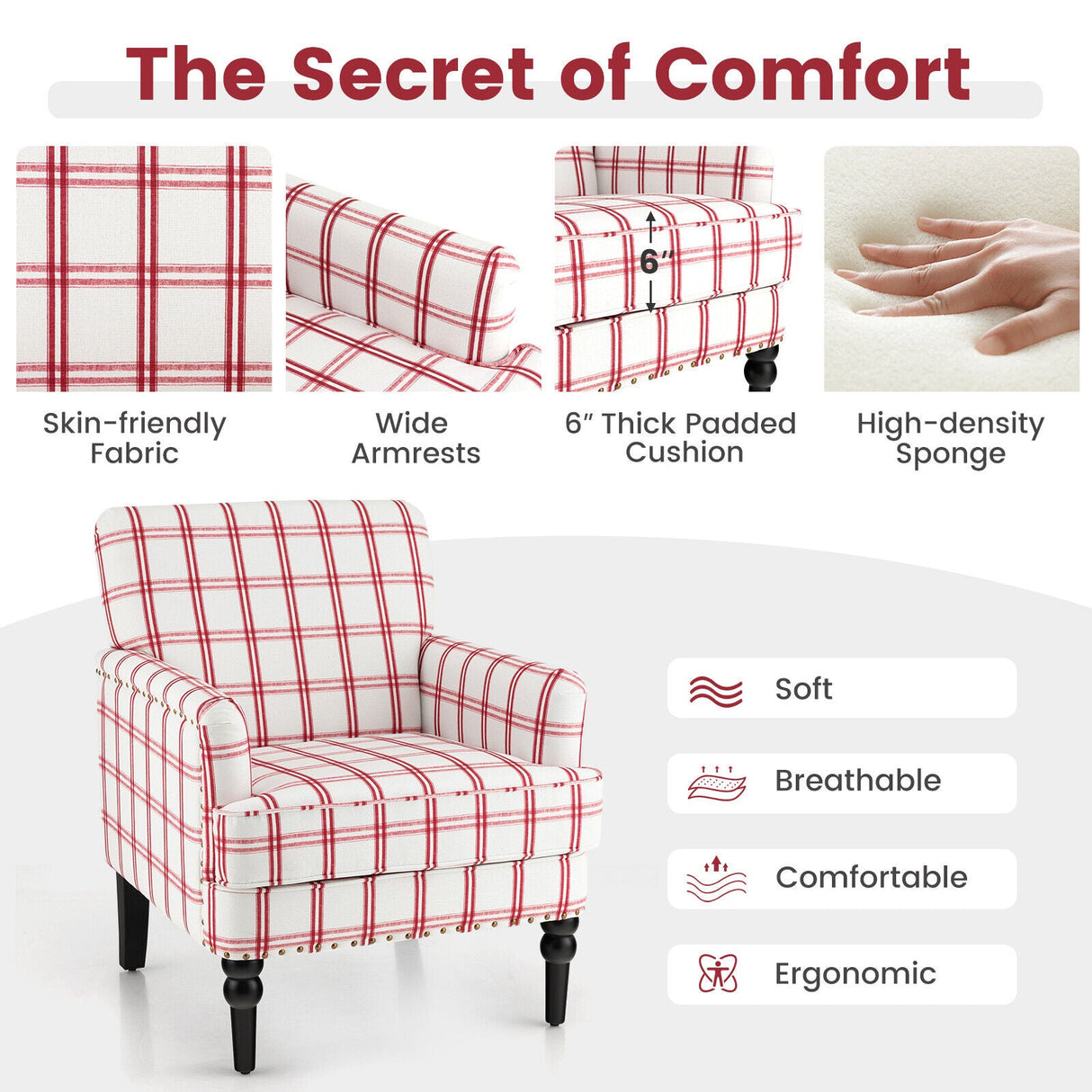Sillón Moderno Tapizado Acolchado con Patas de Madera de Caucho