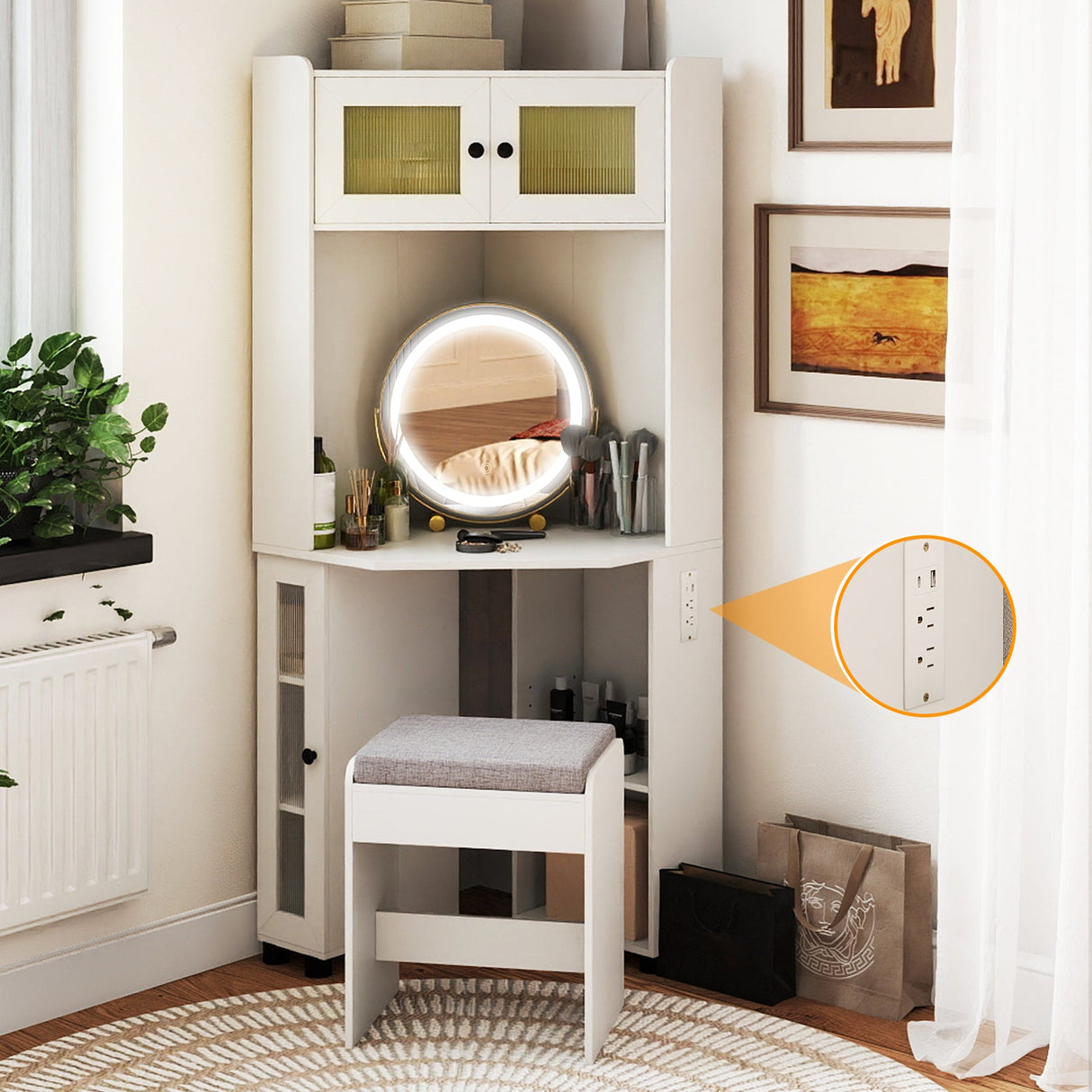 Tocador esquinero compacto con espejo y luces-Blanco