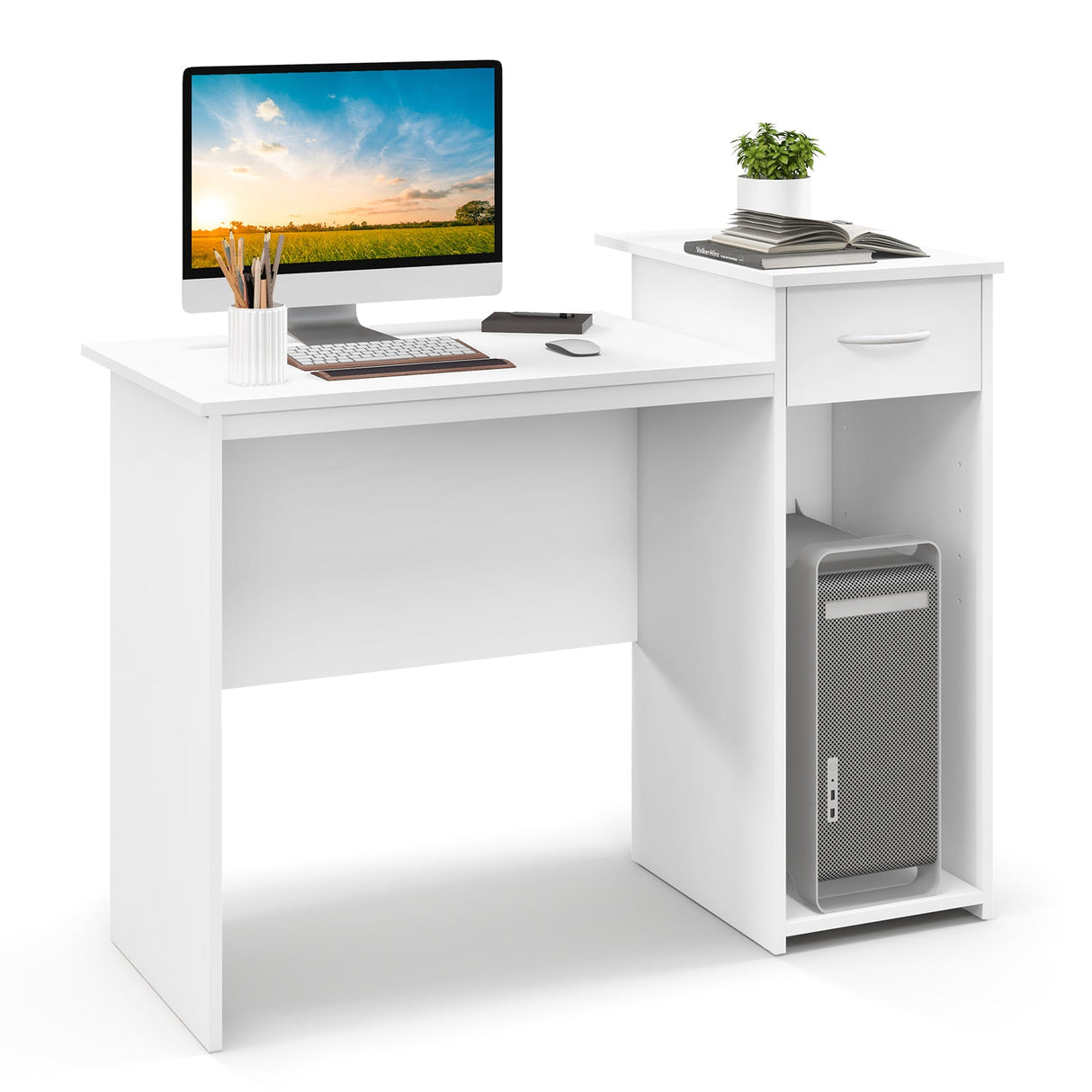 Escritorio de ordenador con cajón, escritorio moderno para PC portátil con estante ajustable y orificio para cables - Blanco