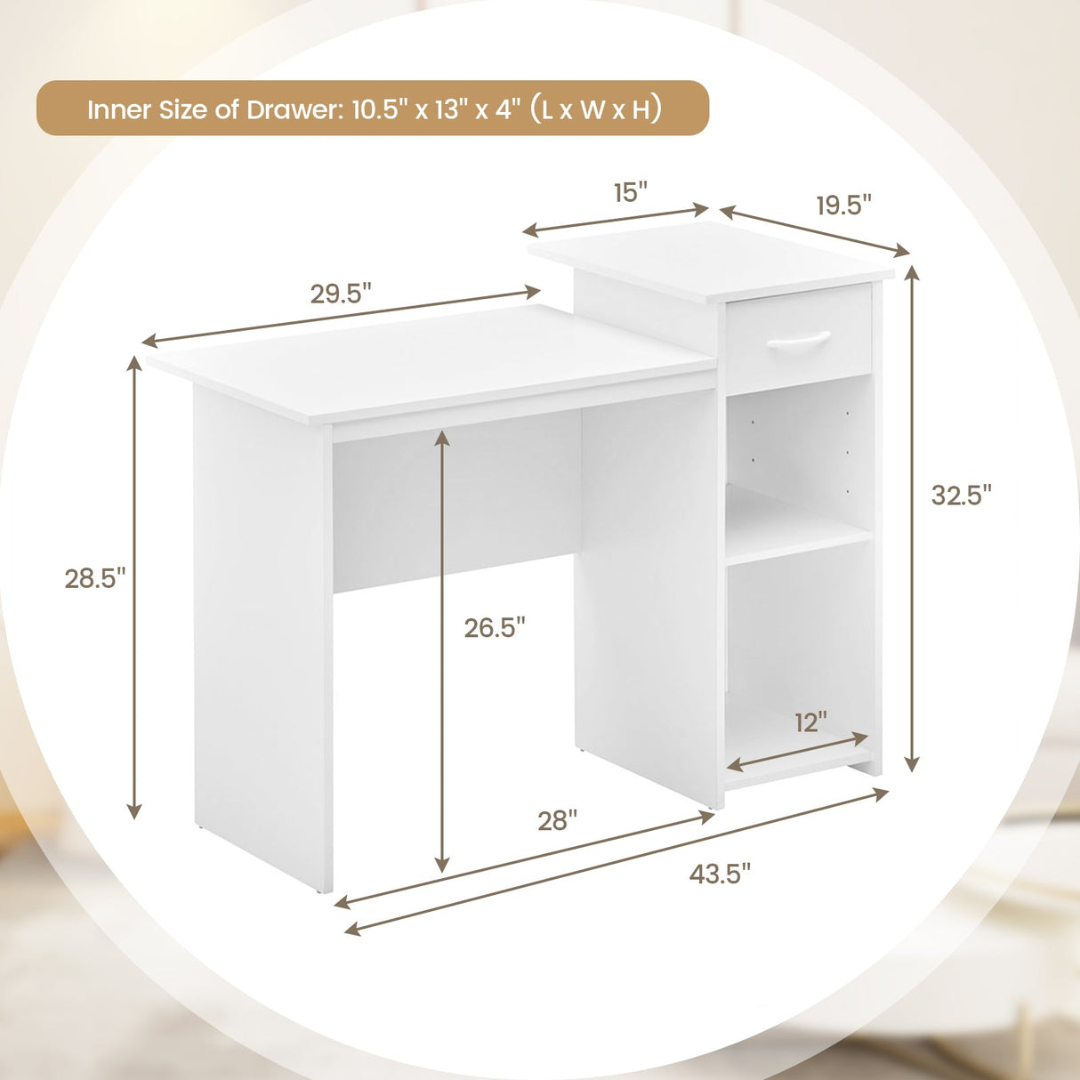 Escritorio de ordenador con cajón, escritorio moderno para PC portátil con estante ajustable y orificio para cables - Blanco