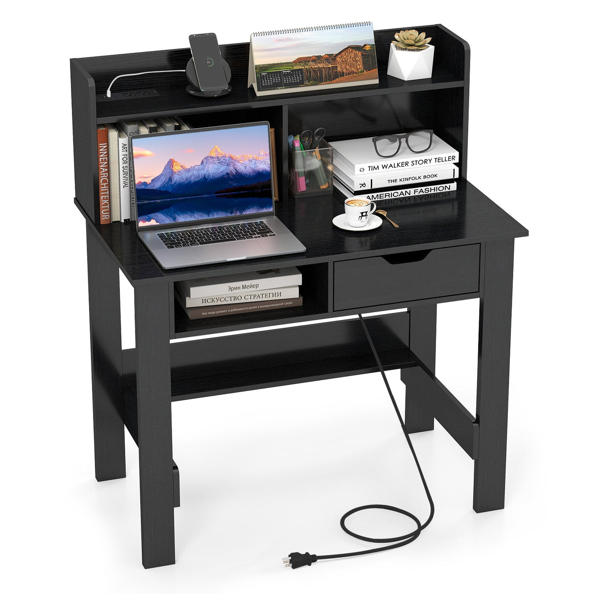 Escritorio para computadora con tomas de corriente, puertos USB y tipo C-Negro