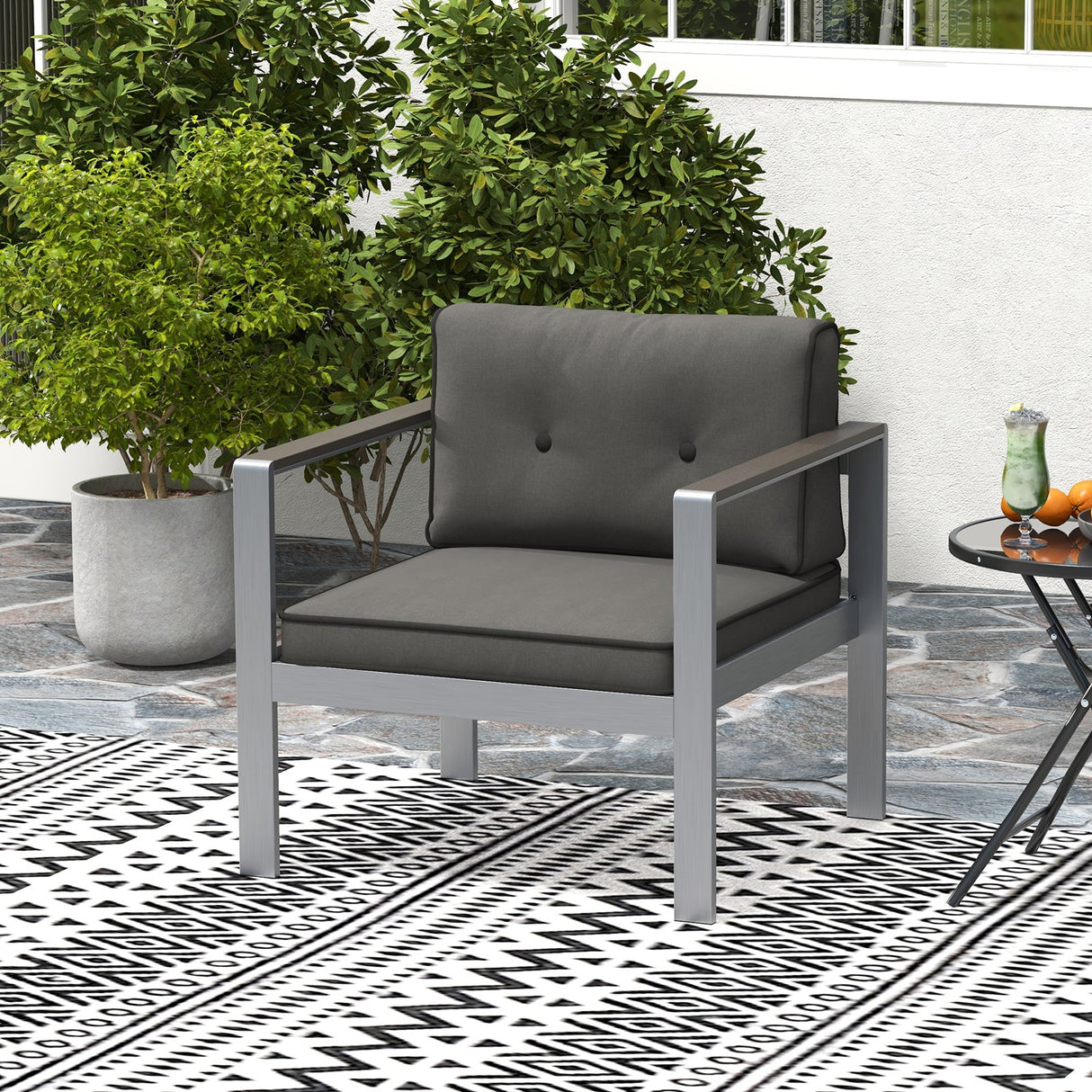 Sofá individual contemporáneo con reposabrazos de WPC y cojines de respaldo - Gris