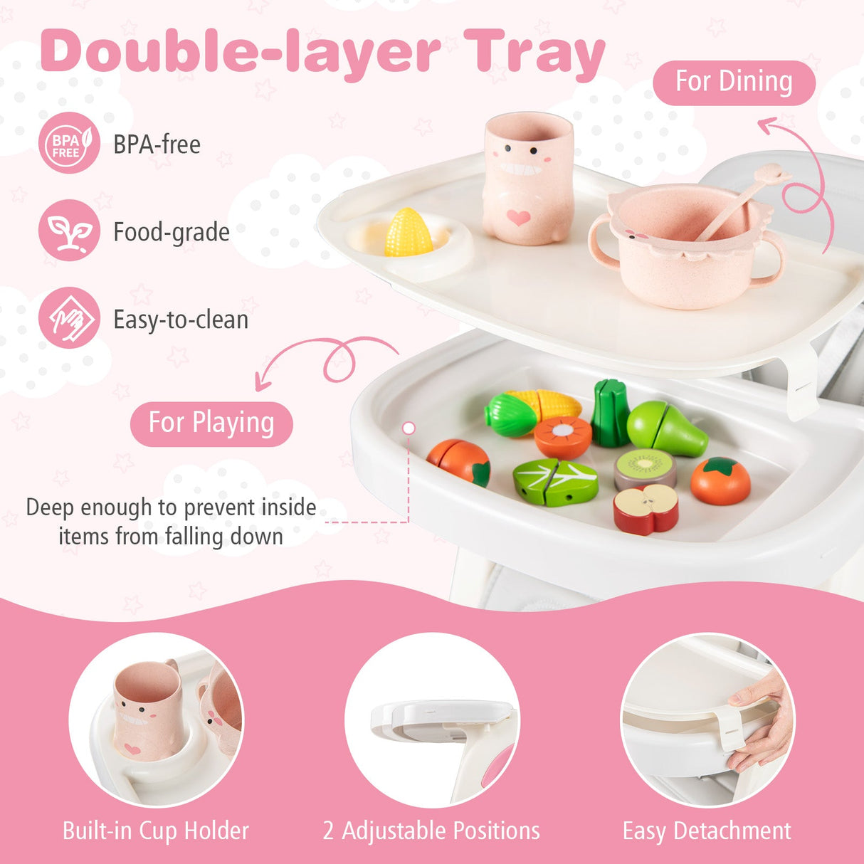 Trona convertible para bebé con bandeja de doble capa y respaldo ajustable