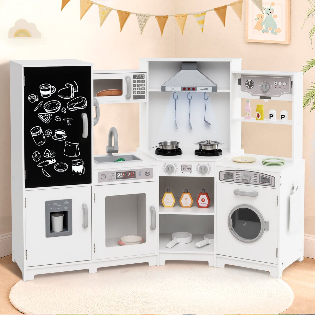 Cocina de juguete de madera esquinera con luces y sonidos, juego de cocina grande para simular.