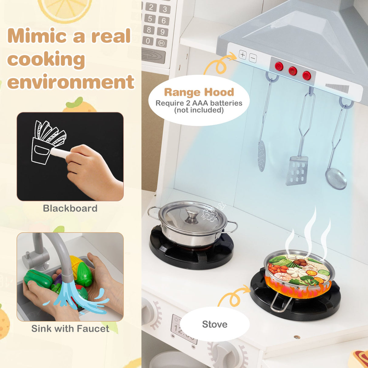 Cocina de juguete de madera esquinera con luces y sonidos, juego de cocina grande para simular.