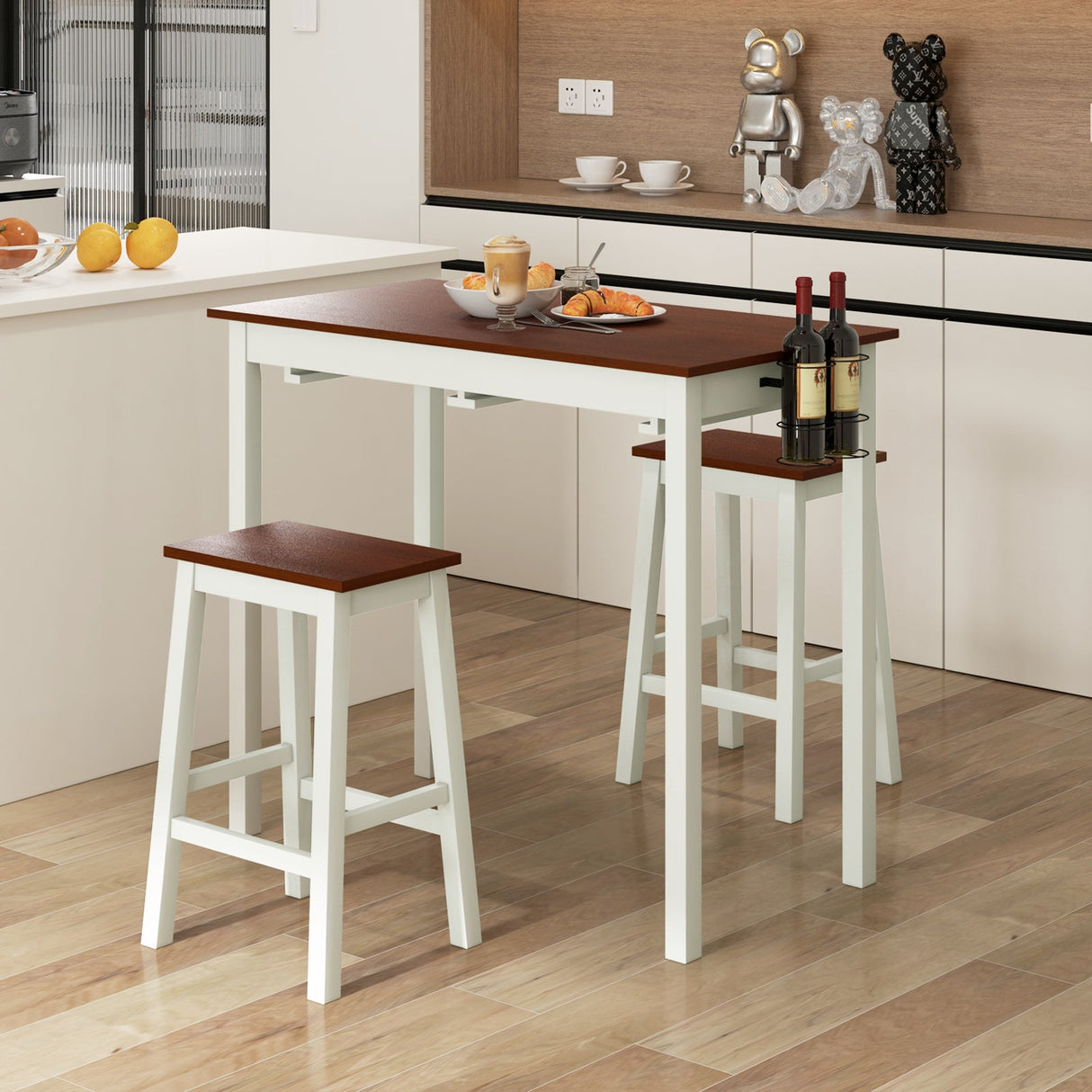 Juego de mesa de bar de 3 piezas con 2 botelleros y patas de madera-Blanco