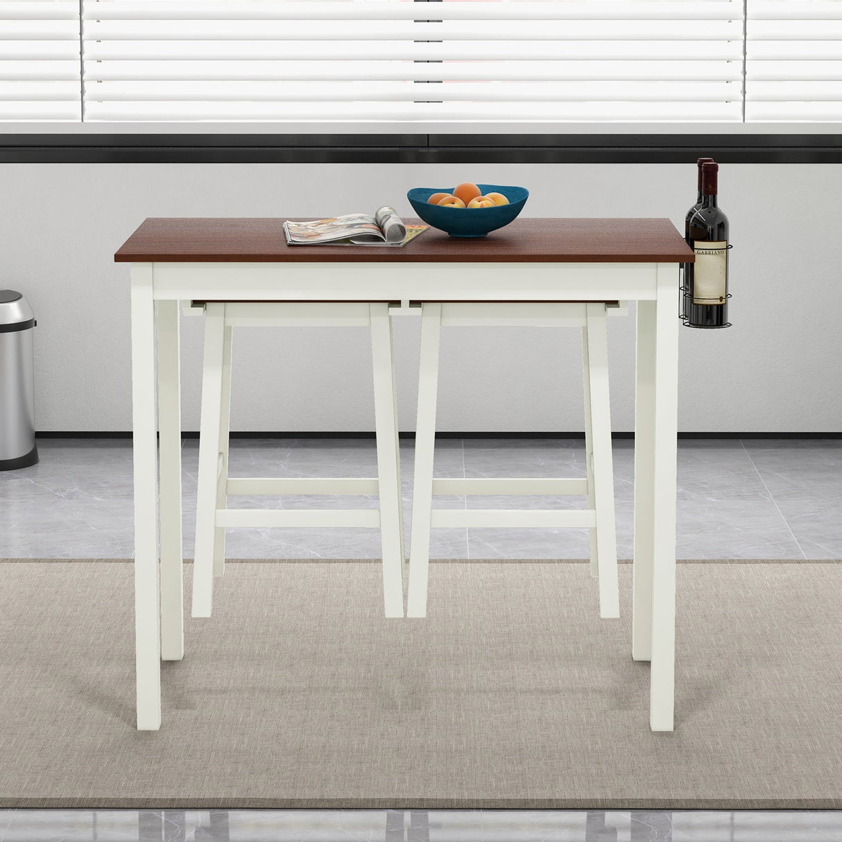 Juego de mesa de bar de 3 piezas con 2 botelleros y patas de madera-Blanco
