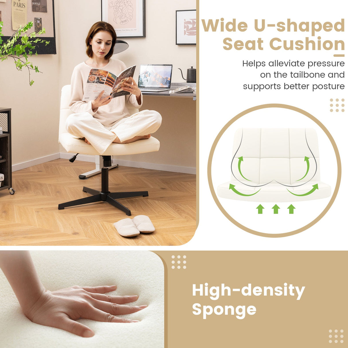 Silla de oficina tapizada en cuero sintético con patas cruzadas y asiento en forma de U de gran tamaño para oficina en casa/maquillaje
