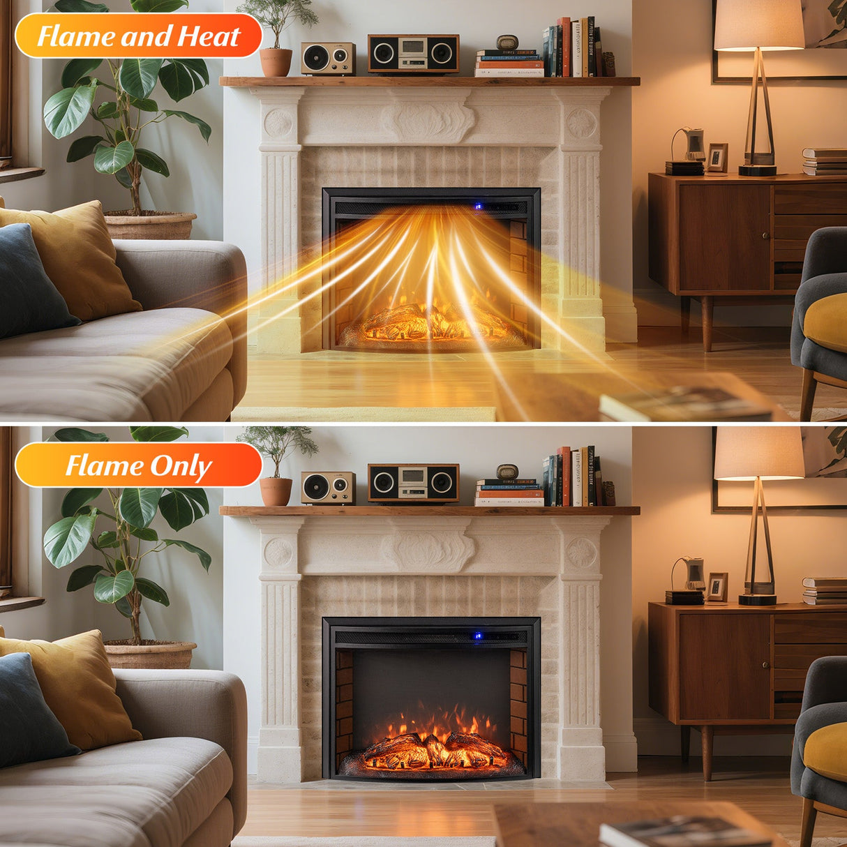Inserto de chimenea eléctrica empotrada curva con control remoto y protección contra sobrecalentamiento - 26 pulgadas