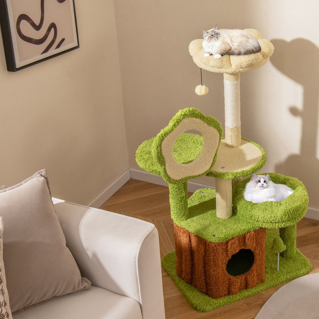 Lindo árbol para gatos adultos: torre multinivel para gatitos con condominio en el tronco - Verde