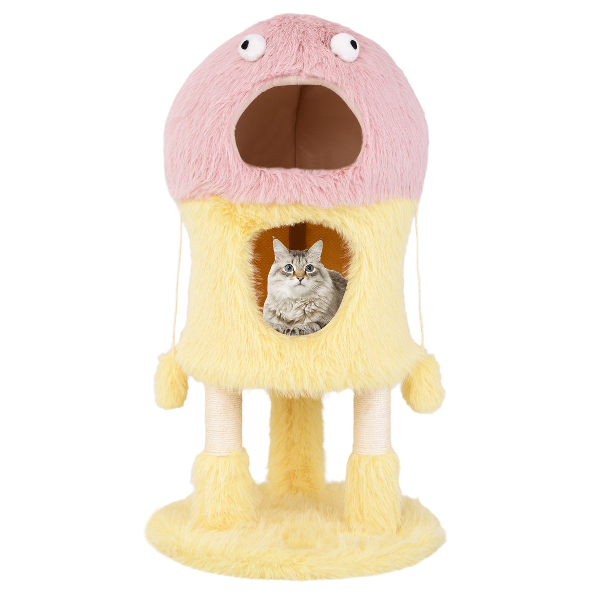 Bonita torre para gatos con temática de monstruos, 2 condominios privados y centro de actividades de 3 niveles - Amarillo