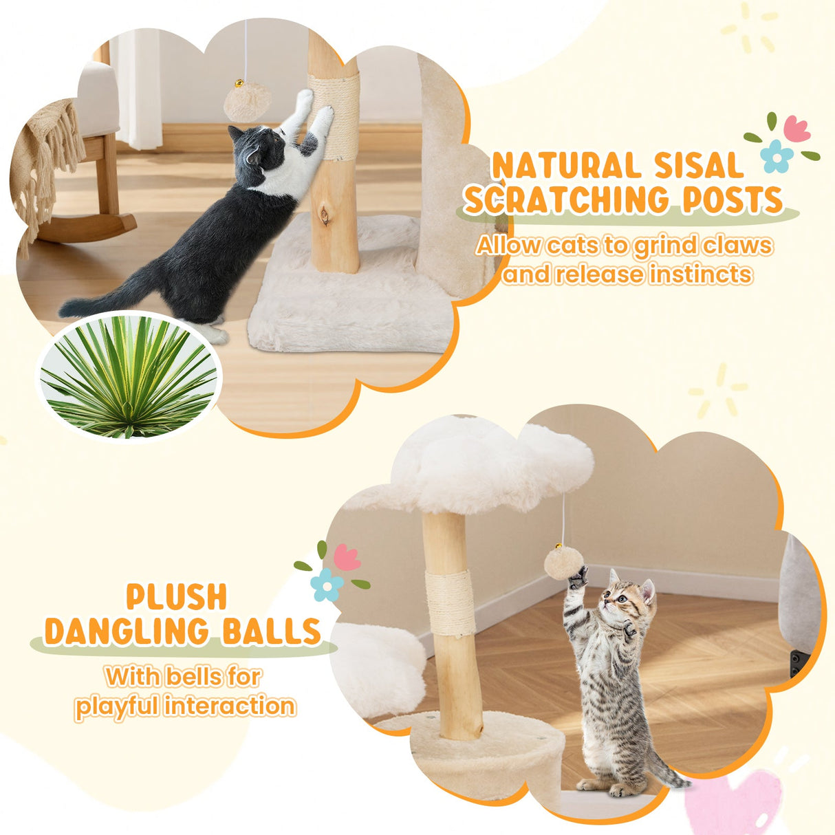 Árbol rascador de madera maciza para gatos, con ramas naturales, diseño de torre moderna con flores y postes de sisal - Beige