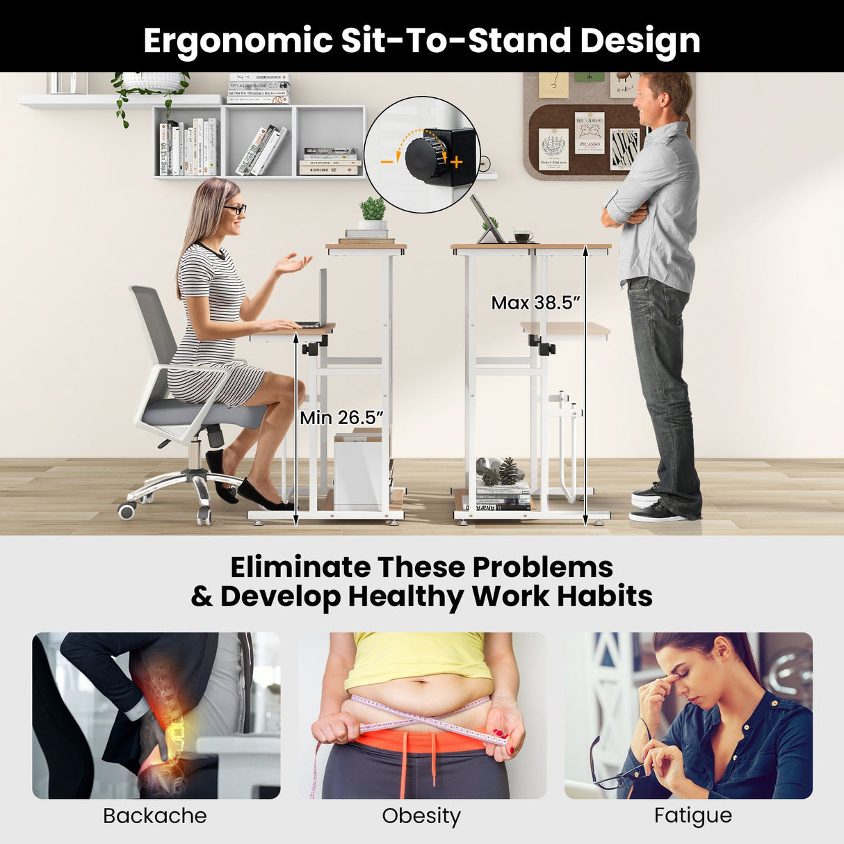 Escritorio de pie para espacios pequeños, escritorio sit-stand con altura de tablero ajustable