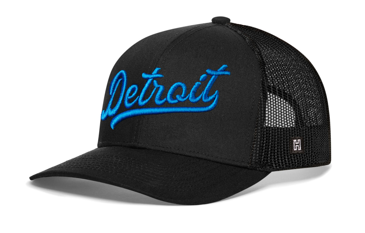 Detroit Blue Script Trucker Hat | Michigan Snapback