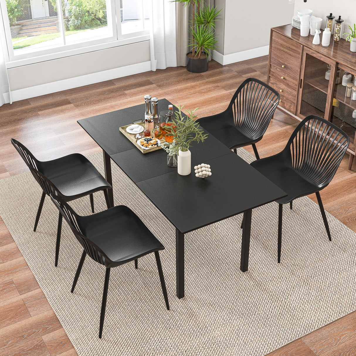 Sillas de cocina modernas con patas de metal, respaldo calado, asiento curvo para comedor, oficina en casa - Negro