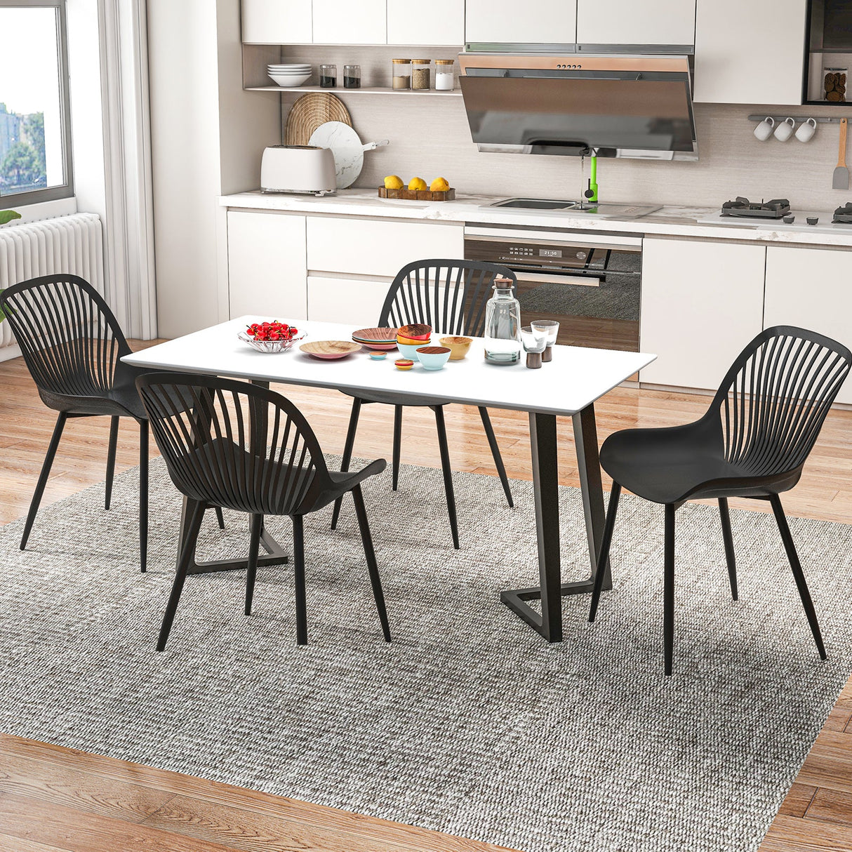 Sillas de cocina modernas con patas de metal, respaldo calado, asiento curvo para comedor, oficina en casa - Negro