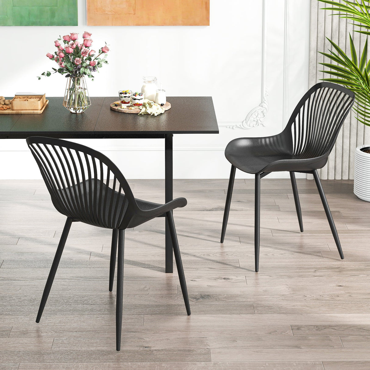 Sillas de cocina modernas con patas de metal, respaldo calado, asiento curvo para comedor, oficina en casa - Negro