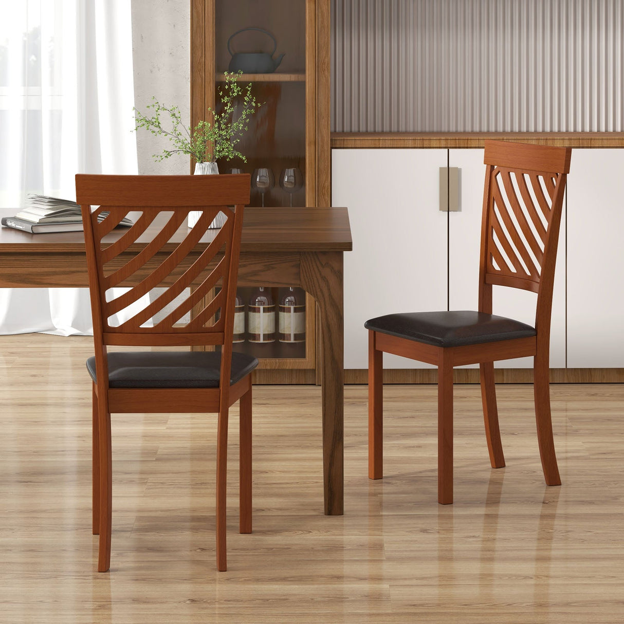 Juego de 2 Sillas de Comedor con Patas de Madera de Caucho y Respaldo Ergonómico para Comedor-Nogal