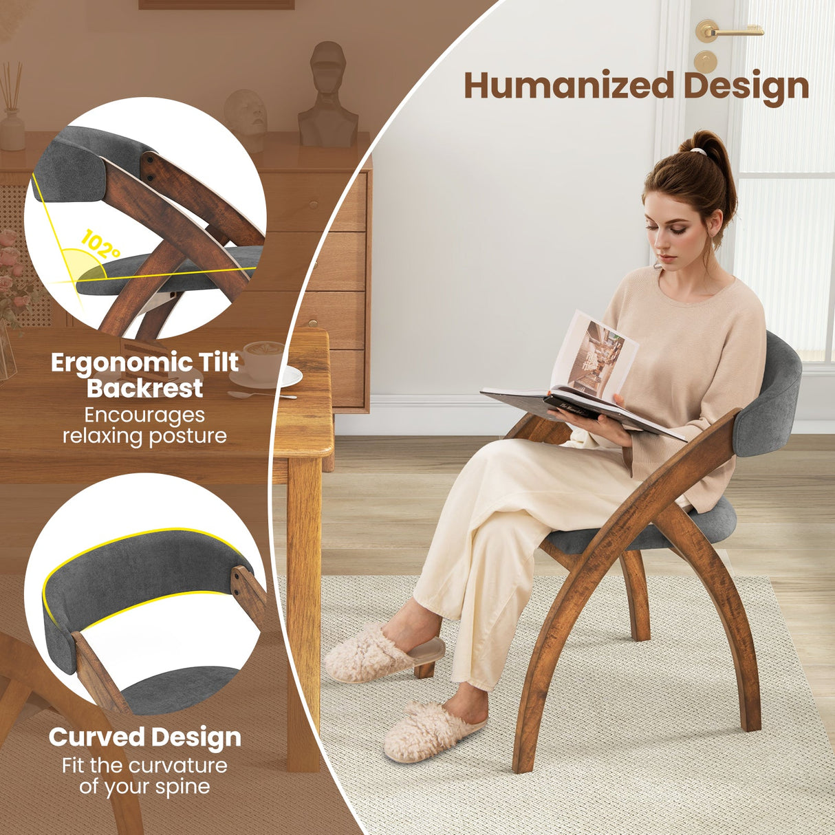 Dining Chair Set of 2 with Padded Cushion and Curved Back for Living Room-Walnut