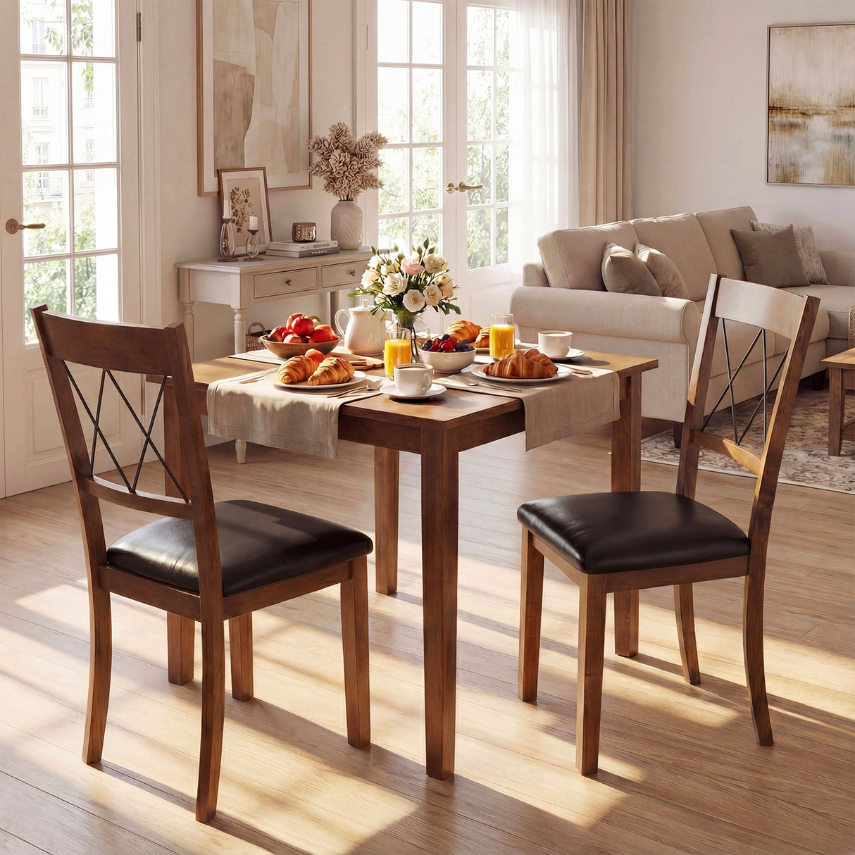 Juego de 2 Sillas de Comedor Tapizadas en Tela sin Brazos para Cocina con Estructura de Madera de Caucho - Nogal