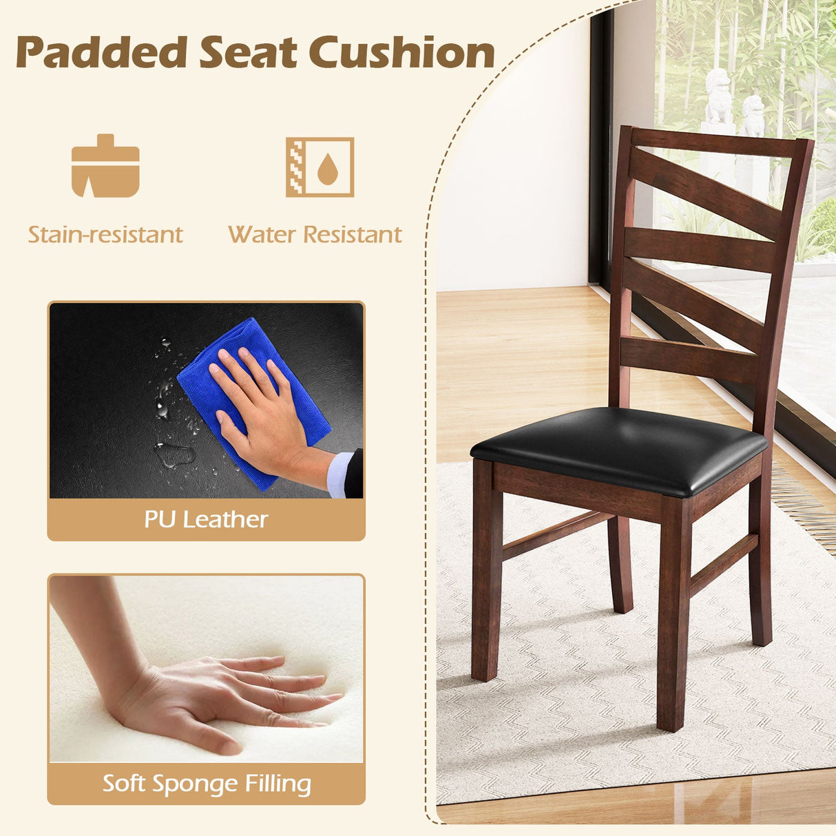 Juego de 2 sillas de comedor, sillas auxiliares de cocina con patas de madera de caucho - Nogal