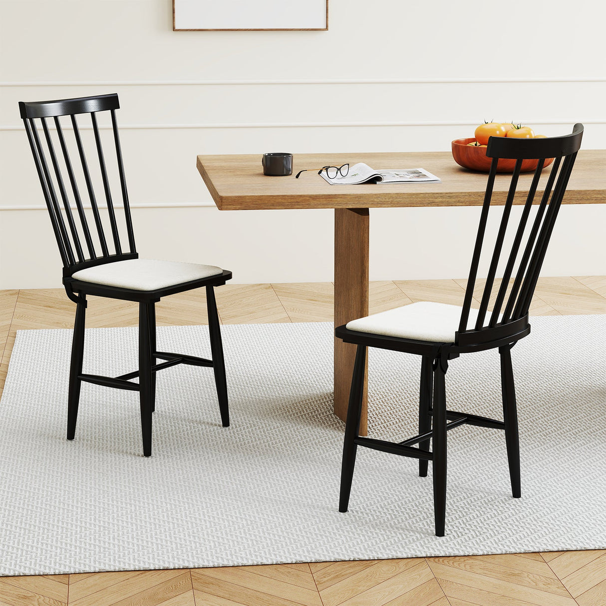 Juego de 2 sillas de comedor Windsor de madera maciza de caucho estilo rústico con cojines de asiento extraíbles - Negras