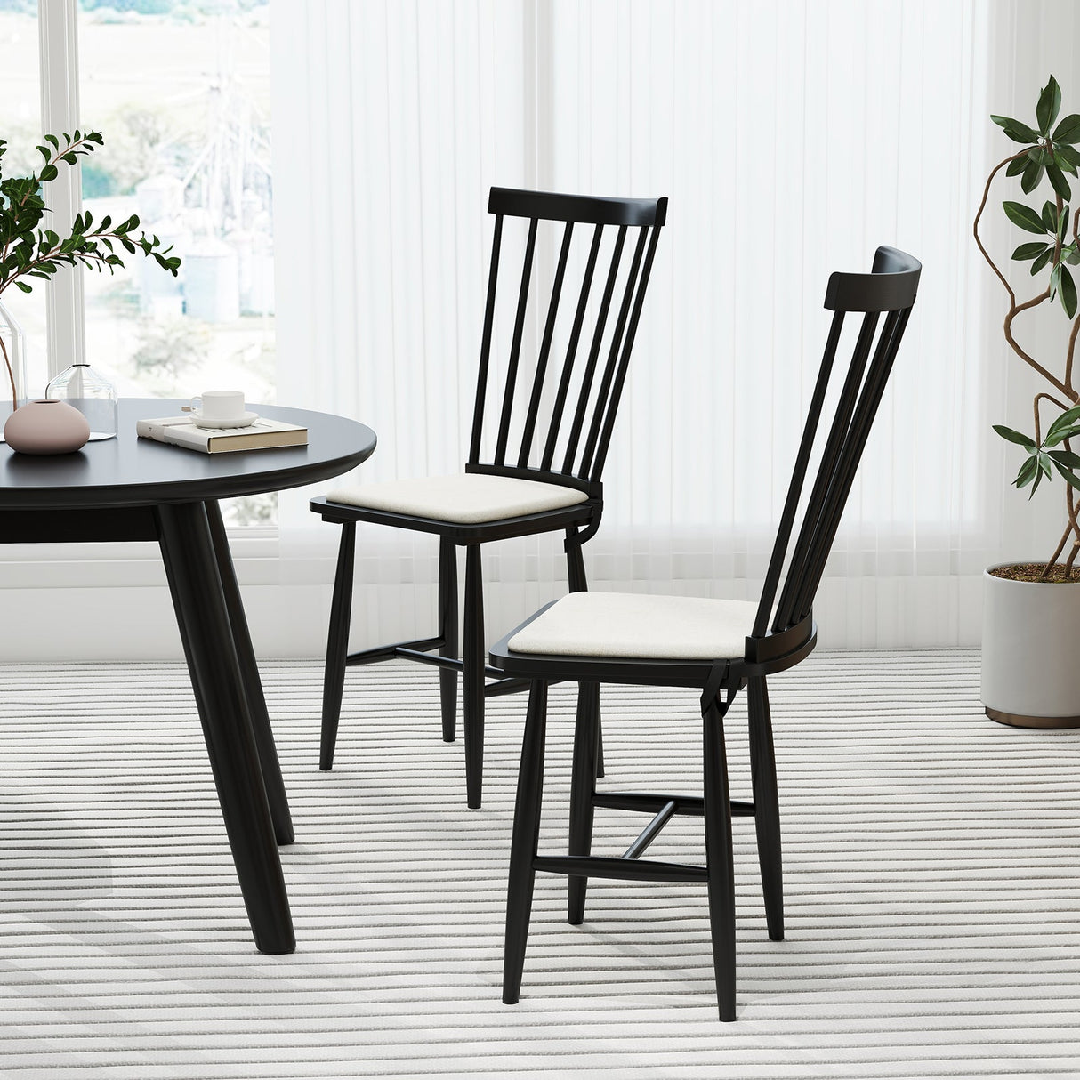 Juego de 2 sillas de comedor Windsor de madera maciza de caucho estilo rústico con cojines de asiento extraíbles - Negras