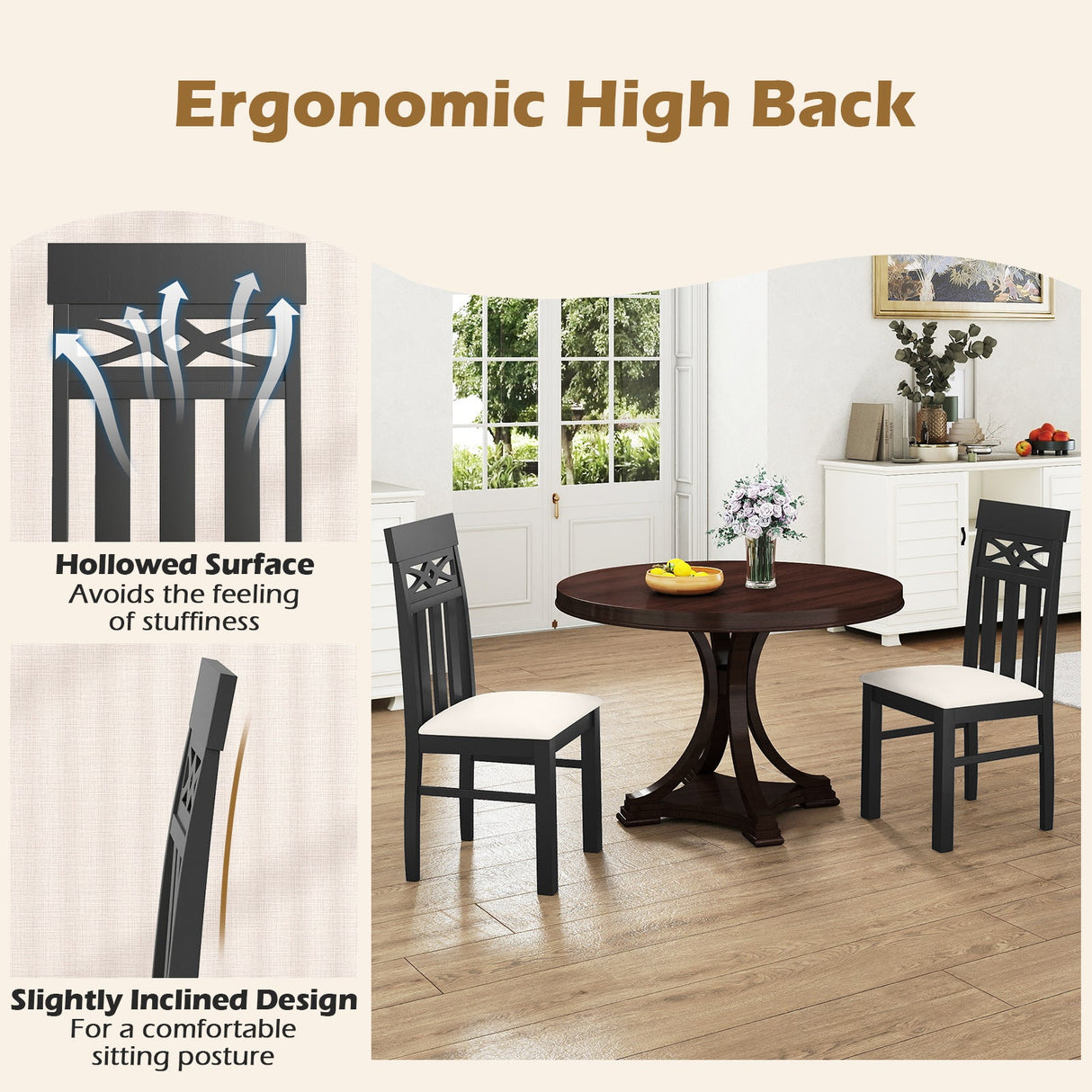 Sillas de comedor juego de 2 sillas de comedor con respaldo alto y asiento acolchado y estructura de madera de caucho - Negro