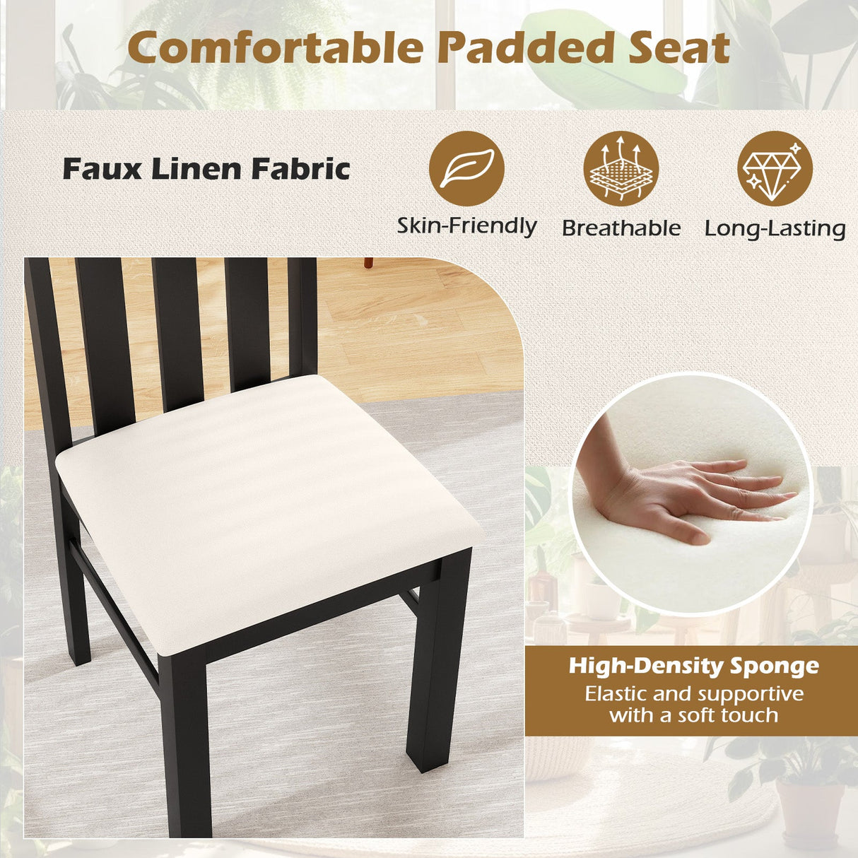 Sillas de comedor juego de 2 sillas de comedor con respaldo alto y asiento acolchado y estructura de madera de caucho - Negro