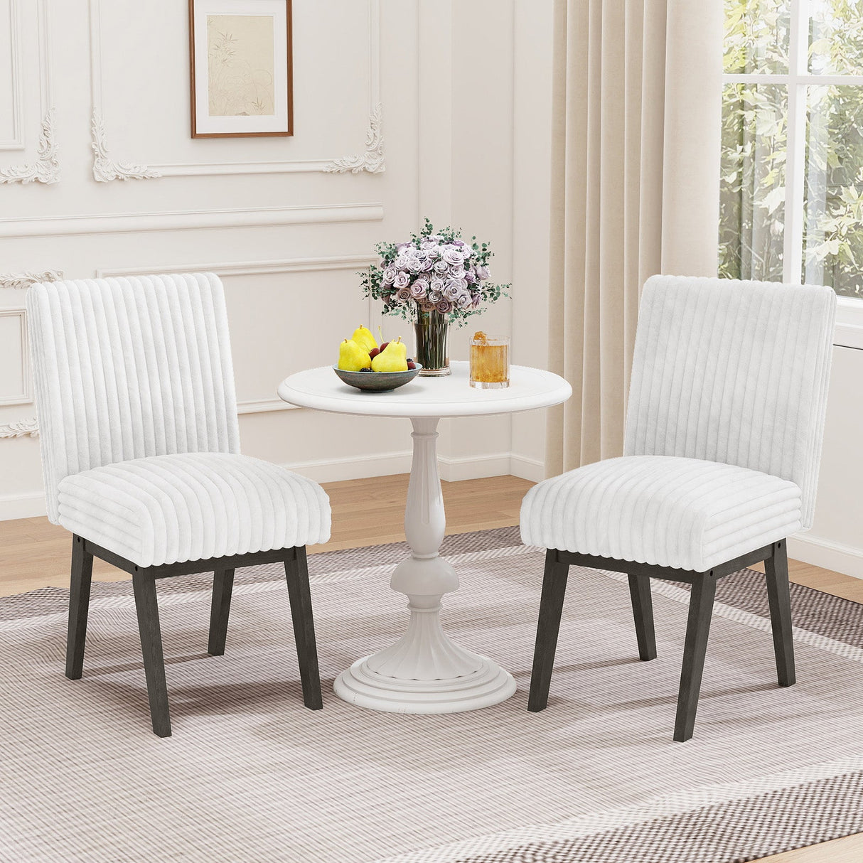 Juego de 2 sillas de comedor tapizadas con tela, sillas de cocina con asiento acolchado y patas de madera de caucho - Blanco + Gris