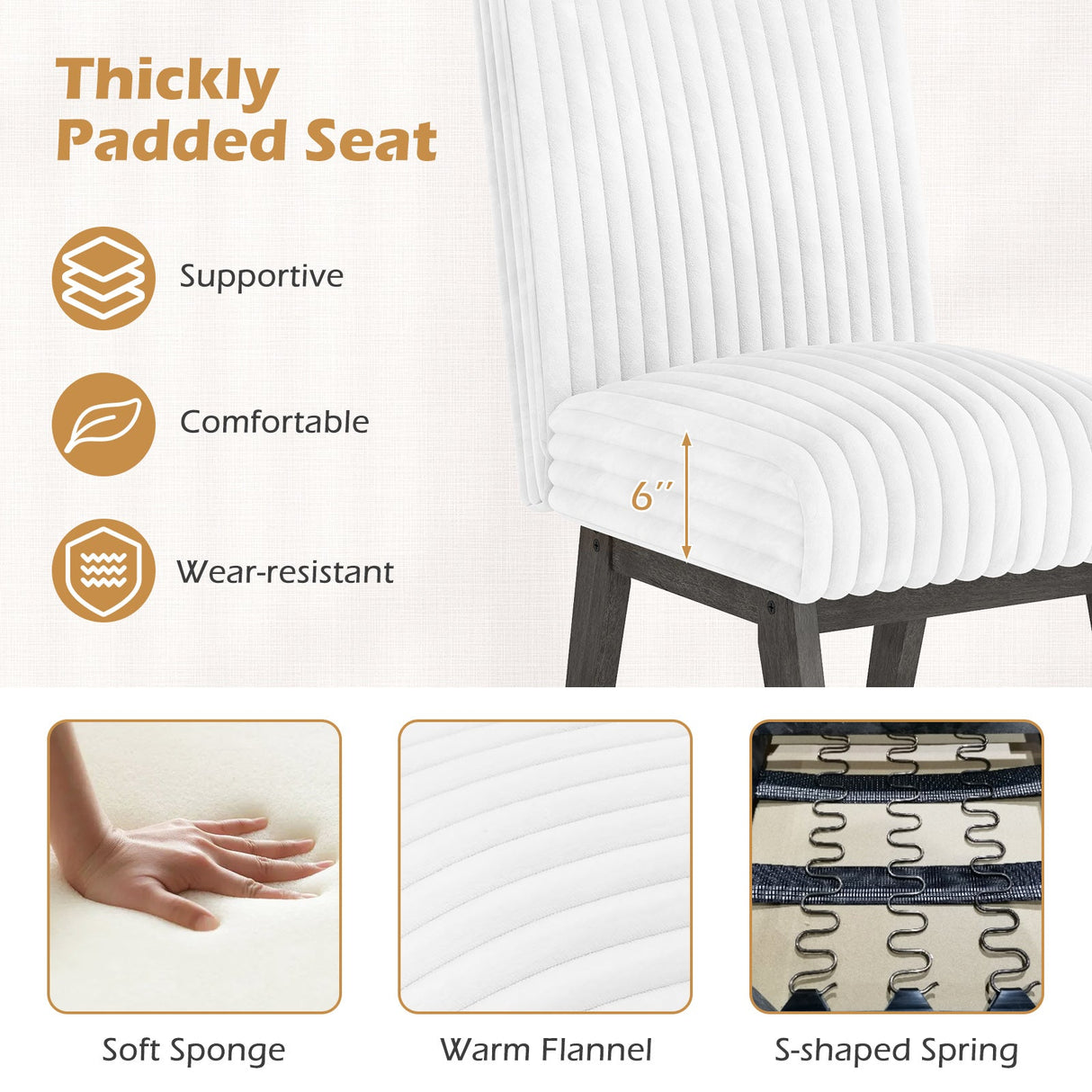 Juego de 2 sillas de comedor tapizadas con tela, sillas de cocina con asiento acolchado y patas de madera de caucho - Blanco + Gris