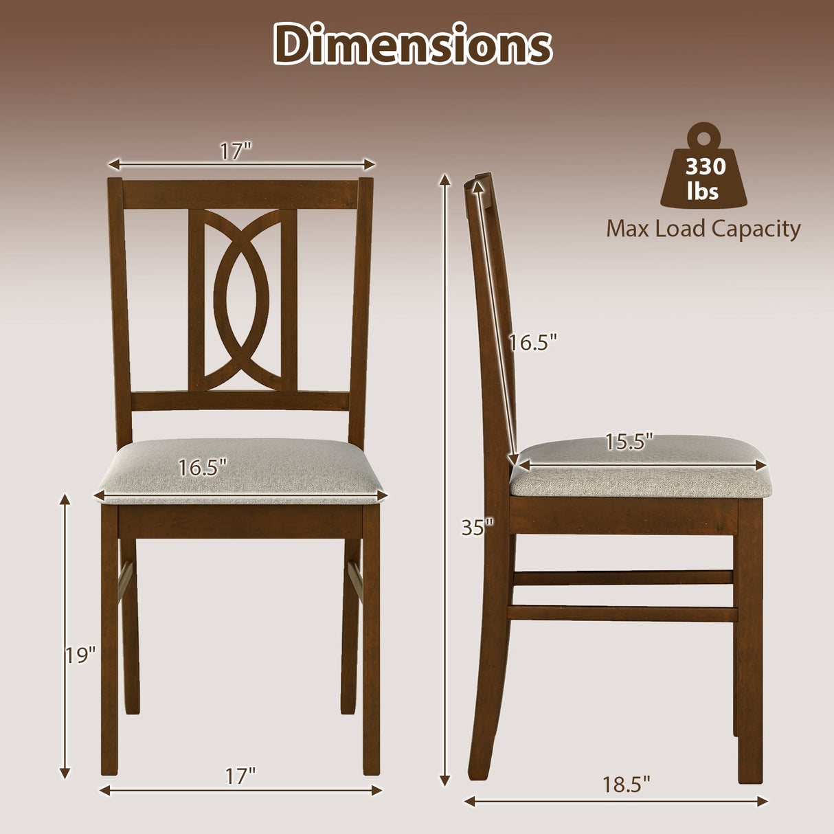 Juego de 2 sillas de comedor de madera de caucho con respaldo hueco - Nogal