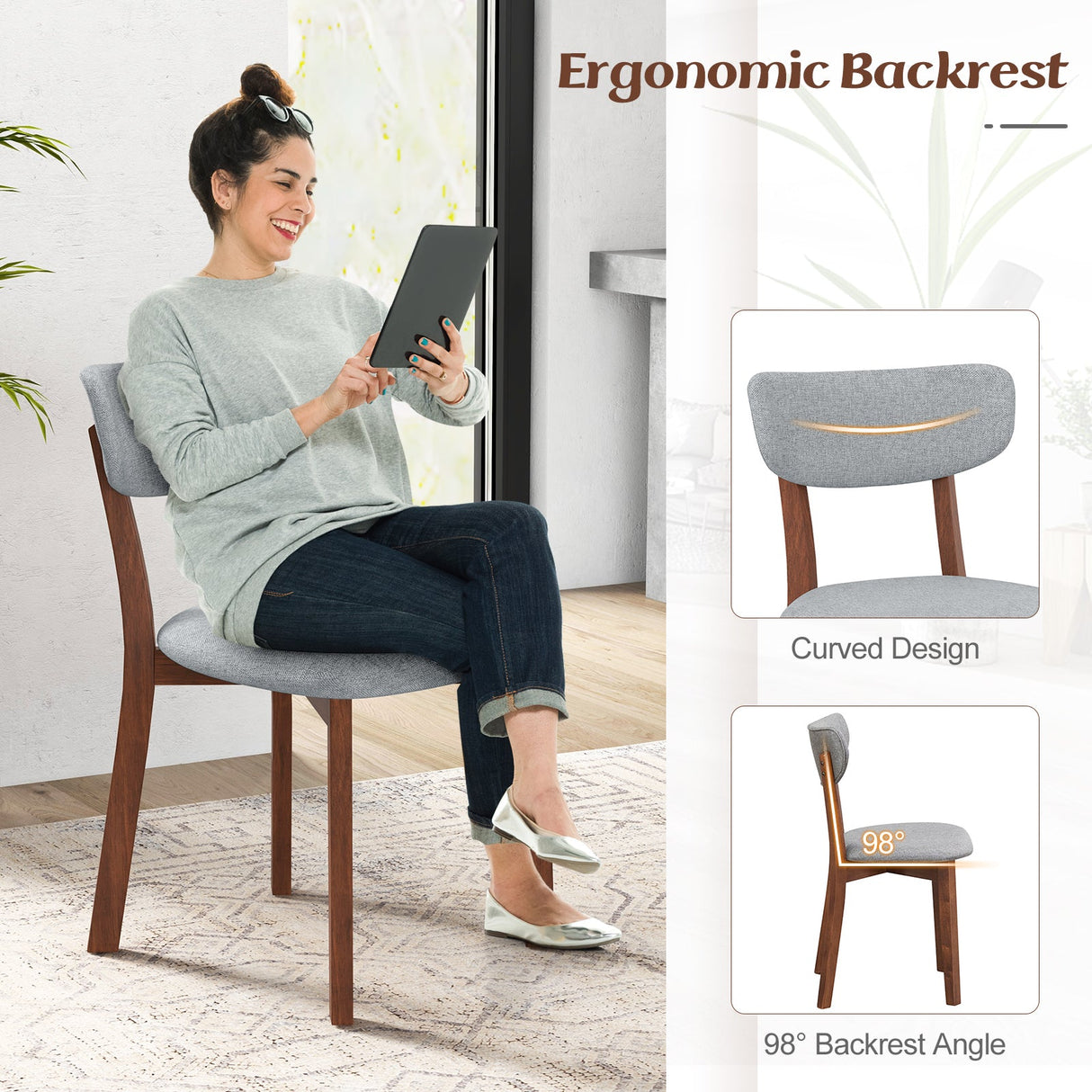 Dining Chairs Set of 2 Upholstered Mid-Back Chairs with Solid Rubber Wood Frame