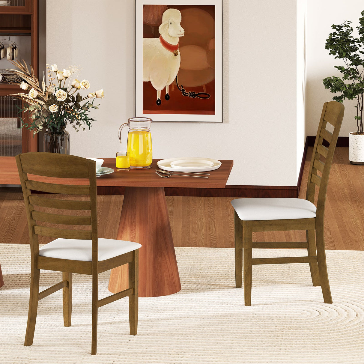 Sillas de Comedor Juego de 2 con Estructura de Madera de Caucho y Asiento Acolchado-Nogal