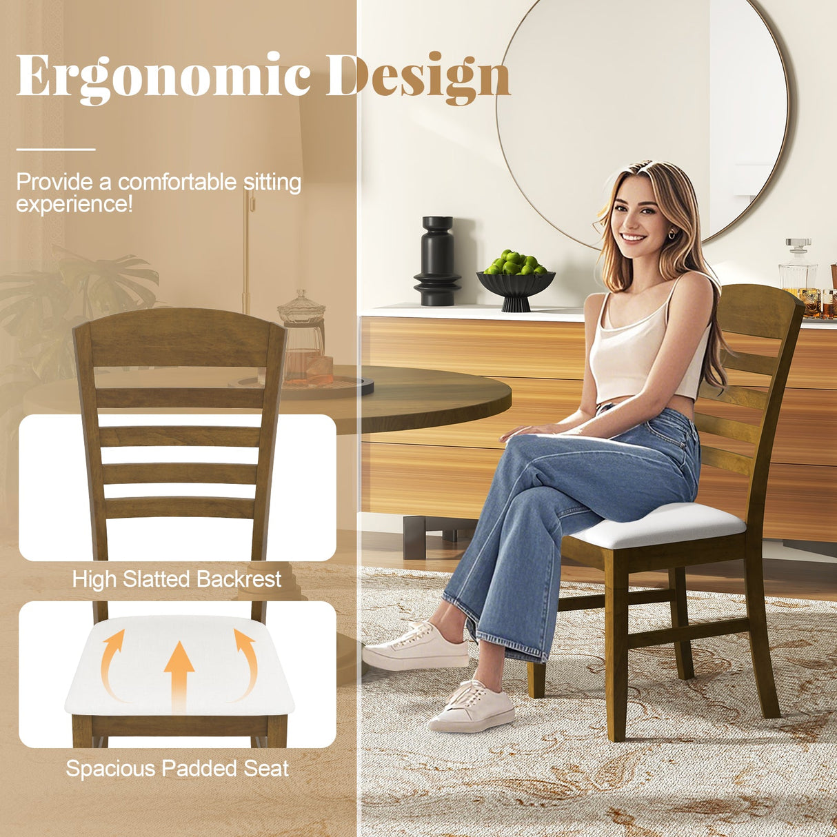 Sillas de Comedor Juego de 2 con Estructura de Madera de Caucho y Asiento Acolchado-Nogal