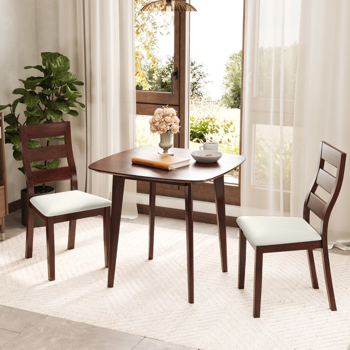 Juego de comedor de 3 piezas con mesa de cocina cuadrada de madera y 2 sillas - Nogal