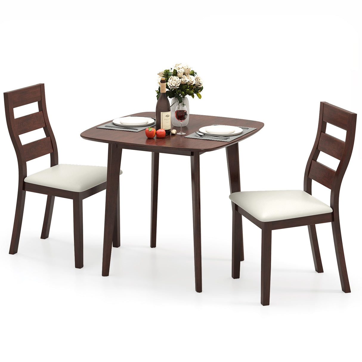 Juego de comedor de 3 piezas con mesa de cocina cuadrada de madera y 2 sillas - Nogal
