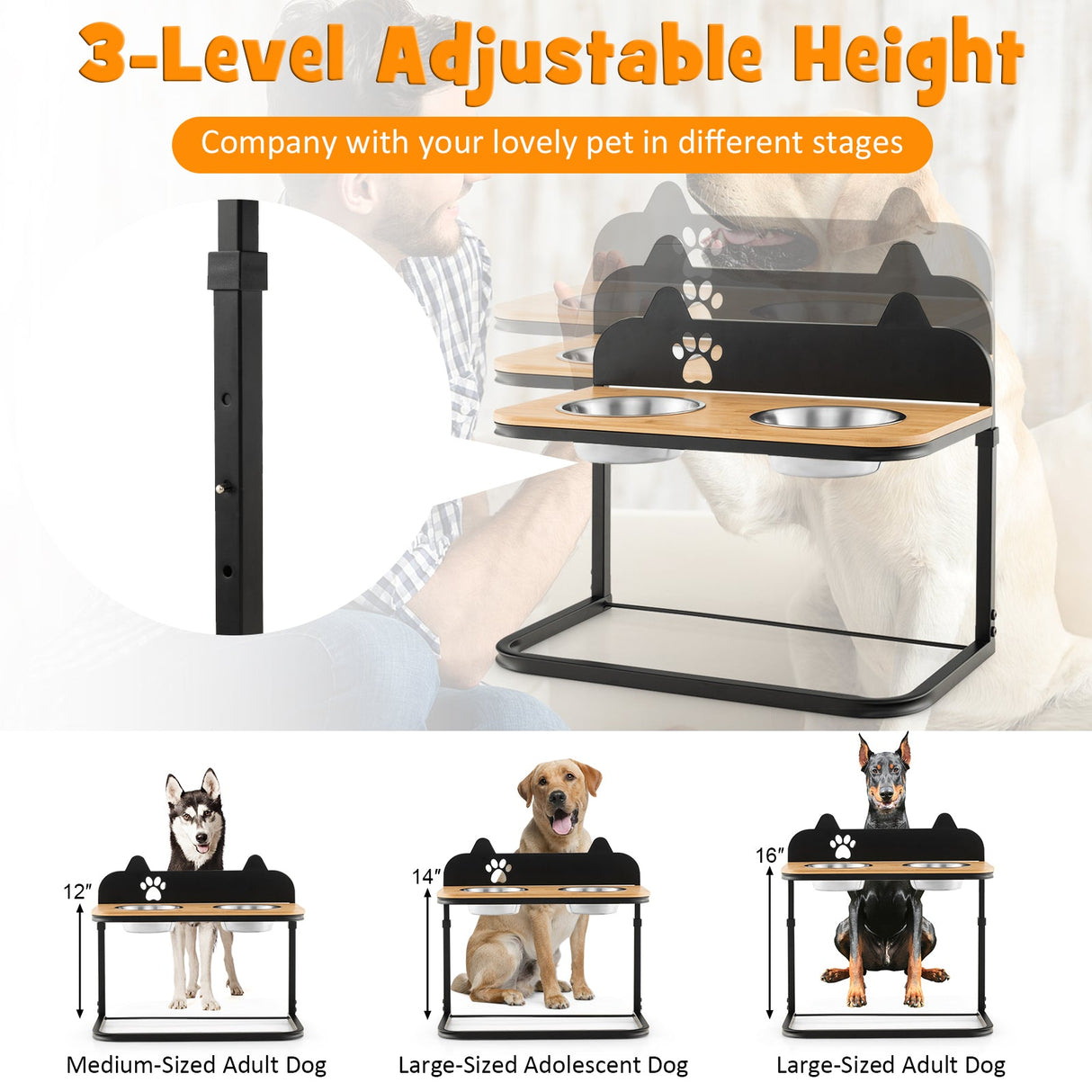 Soporte para cuencos de perro con 2 cuencos de acero inoxidable para comida y agua