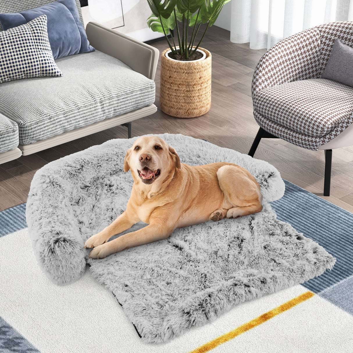 Cama sofá relajante de felpa gris para perros con parte inferior antideslizante