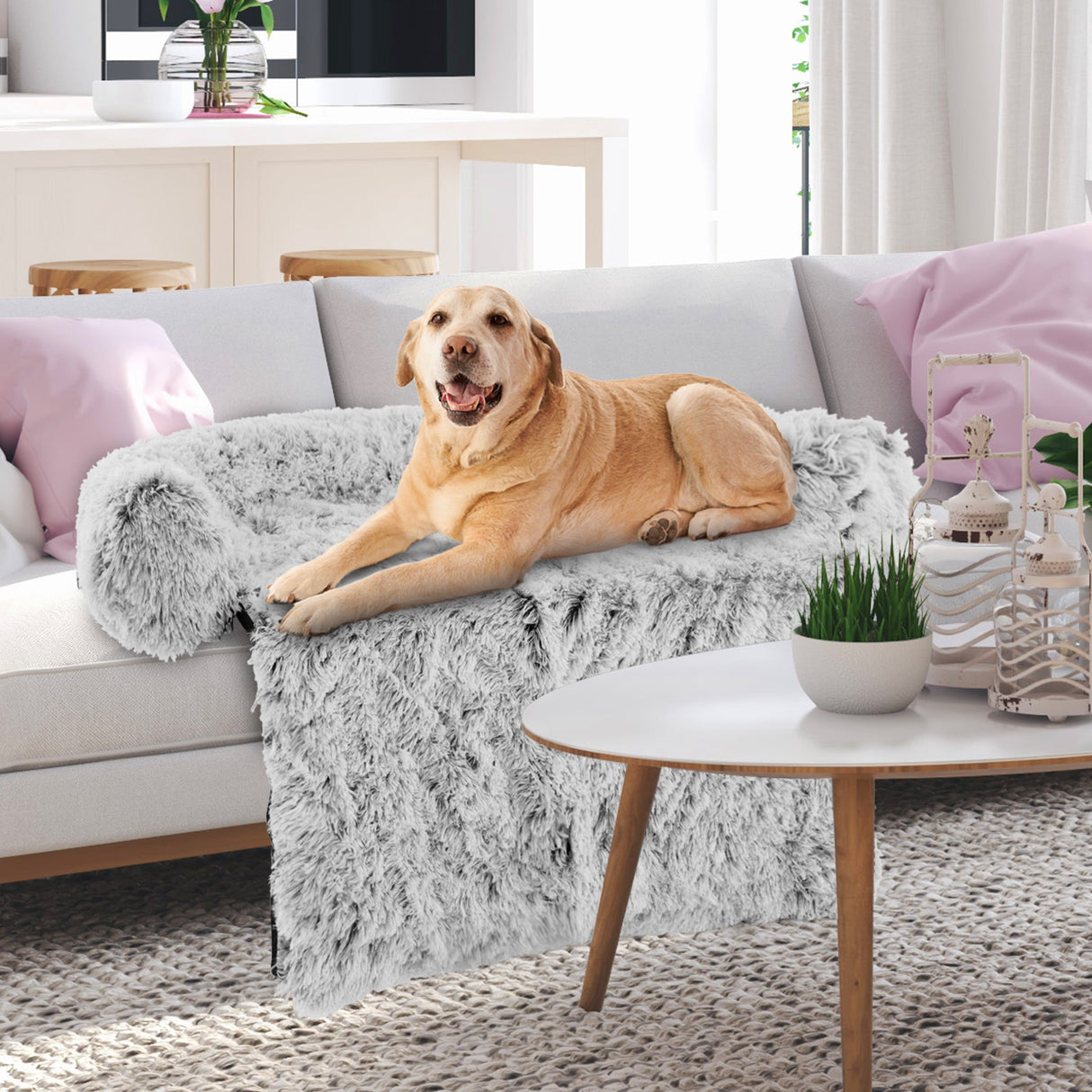 Cama sofá relajante de felpa gris para perros con parte inferior antideslizante