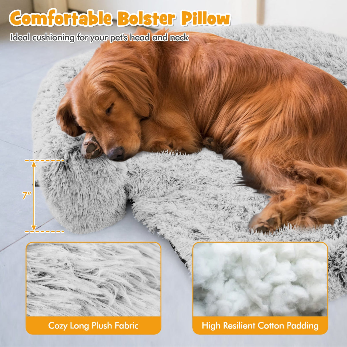 Cama sofá relajante de felpa gris para perros con parte inferior antideslizante