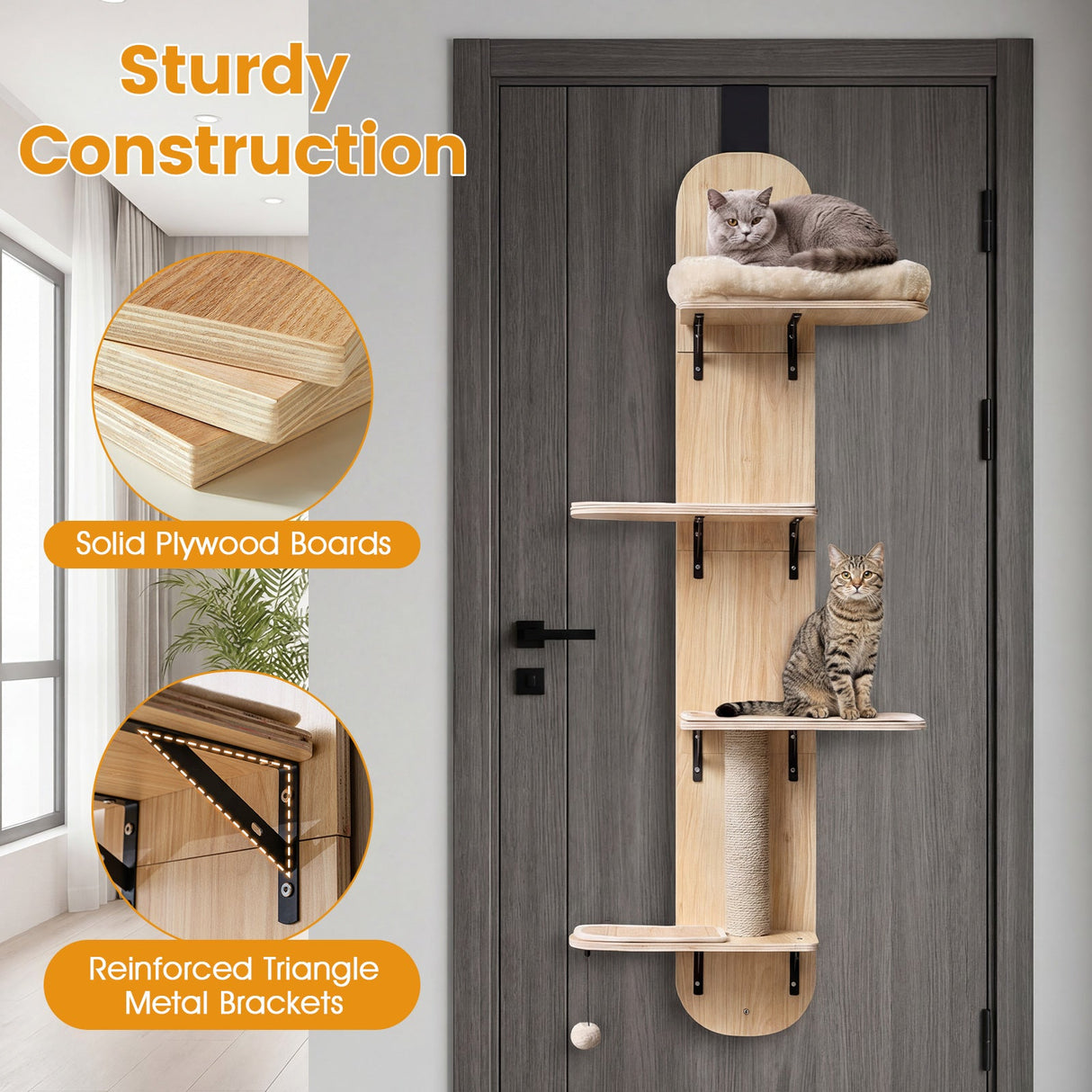 Trepadora para gatos para colgar en la puerta, de 4 niveles, altura ajustable con cama de felpa